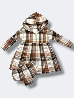 Vignette Baby Girl Dress Set 18-24M Brown Plaid Flannel Cotton Hooded Outfit
